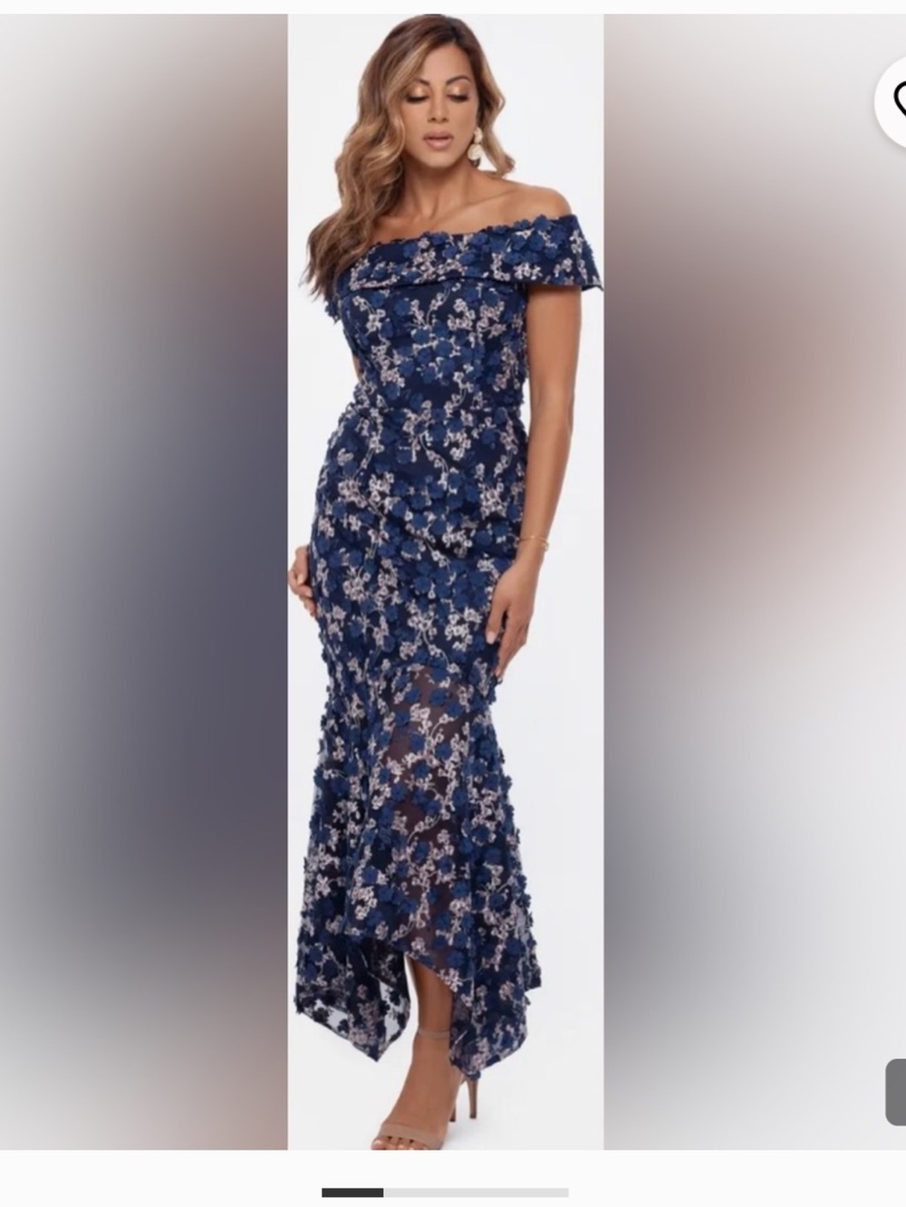 Xscape, Brynlee, Maxi, Bardot Dress, Blue and Pink 3D Flowers